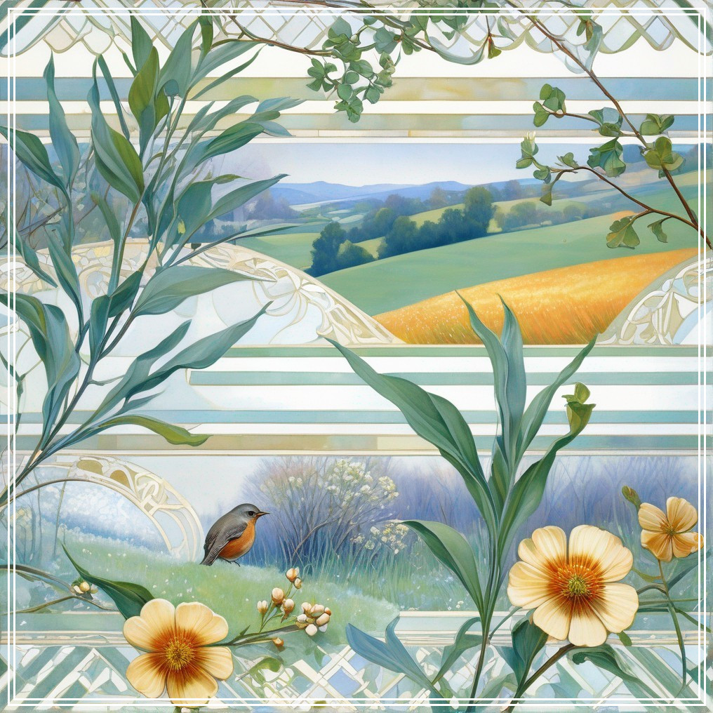 Serene Landscape with Rolling Hills and Vibrant Flowers