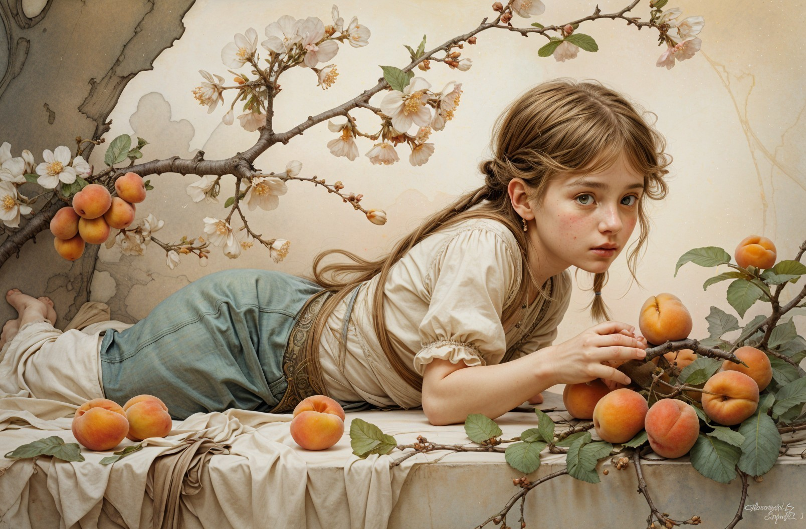 Young girl surrounded by peaches and blooming branches
