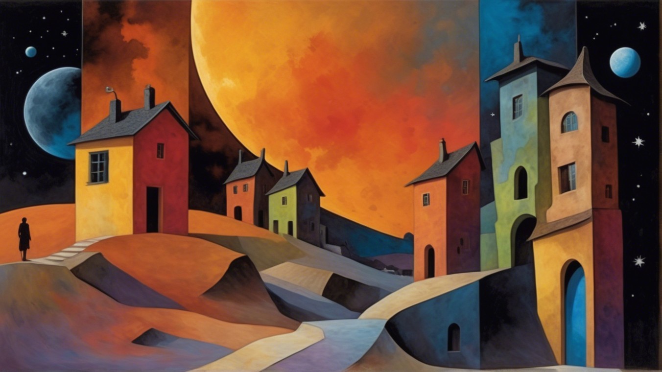 Surreal Landscape with Abstract Houses and Vibrant Sky