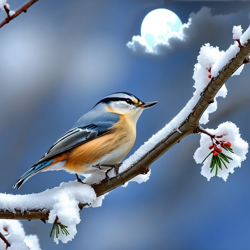 Nuthatch on Snowy Branch with Moonlit Background