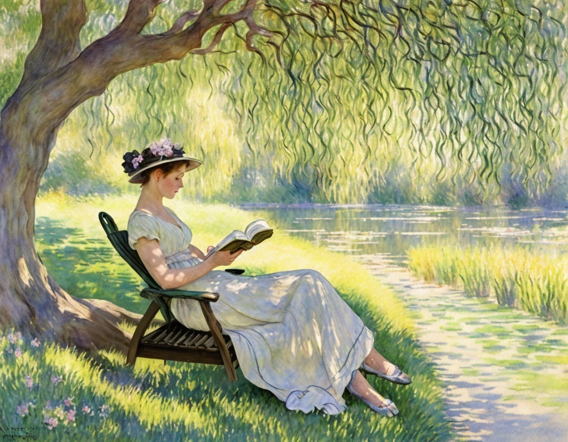 Woman in white dress reading under willow tree