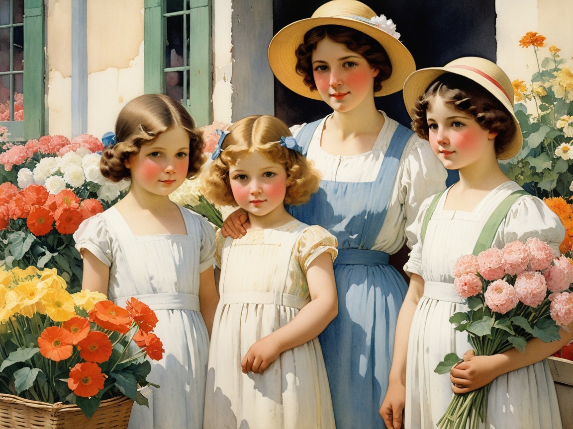 Four Young Girls in Vintage Dresses in Flower Garden