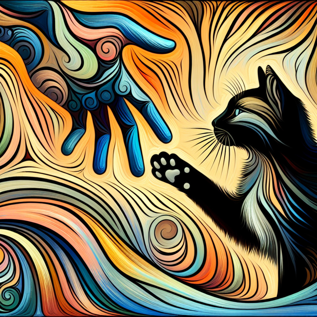 Abstract Cat and Hand Interaction in Warm Colors