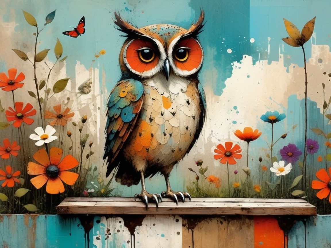 Whimsical owl with vibrant colors on wooden ledge