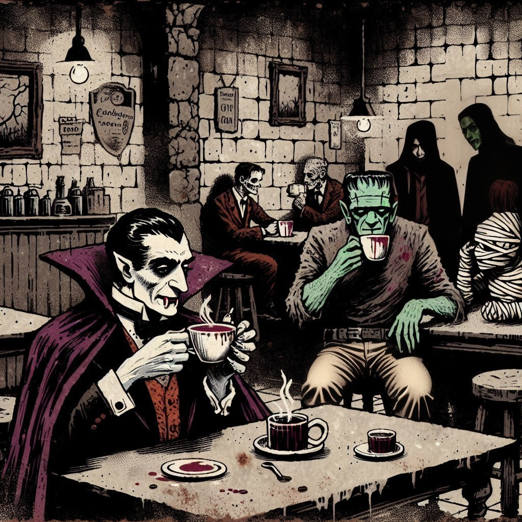 Classic Horror Characters Gather in Rustic Tavern
