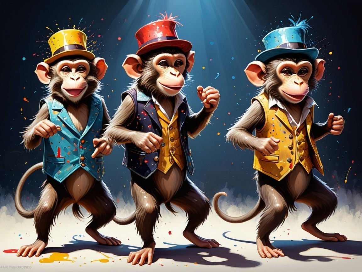 Monkeys in Colorful Vests and Top Hats Dancing Together