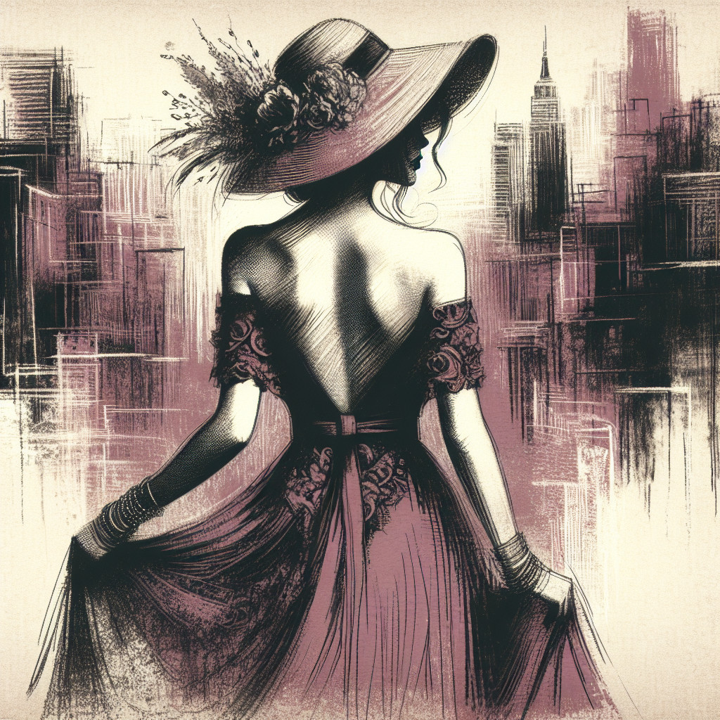 Vintage Off-Shoulder Dress Against City Skyline