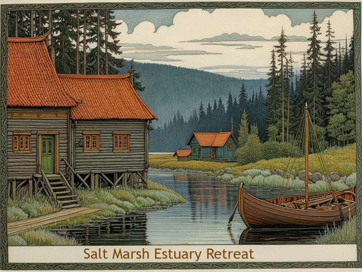 Serene Salt Marsh Estuary with Wooden Houses and Waterway