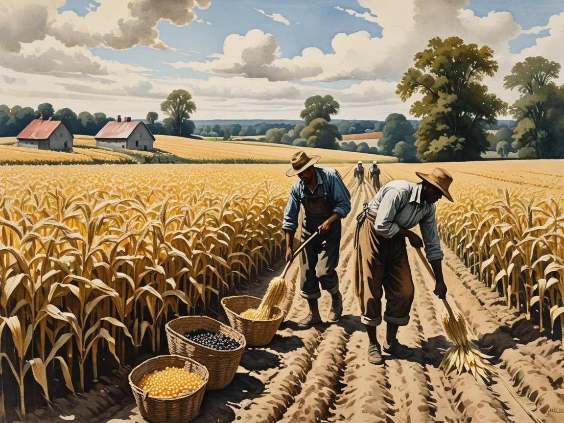 Farmers Harvesting Crops in a Golden Field Scene