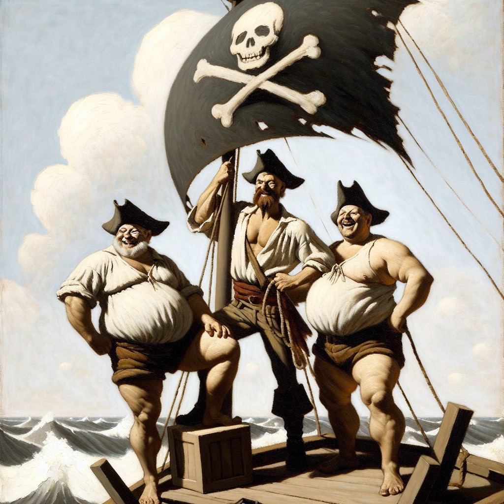 Three Pirates on a Ship with Pirate Flag and Smiles