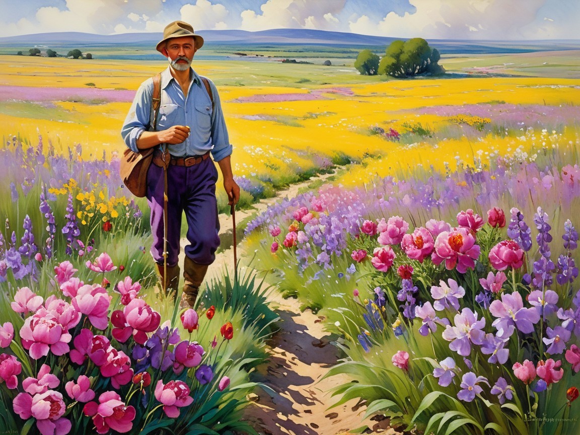 Man Walking in a Colorful Flower-Filled Landscape
