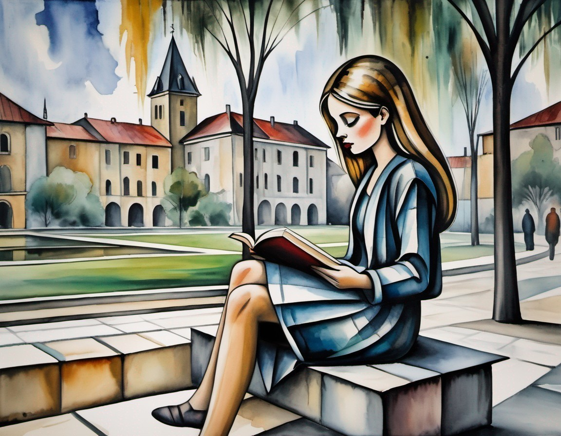Young Woman Reading on Stone Step in Serene Park