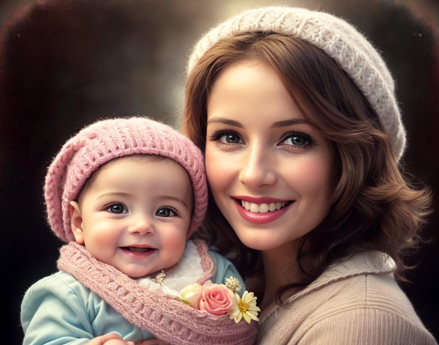 Joyful Mother and Baby in Warm Embrace with Flowers