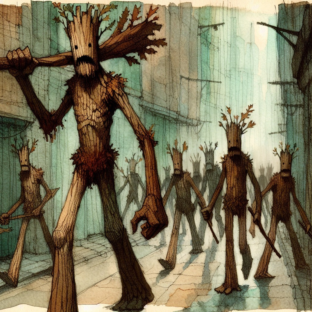 Surreal Urban Scene with Towering Wooden Figures