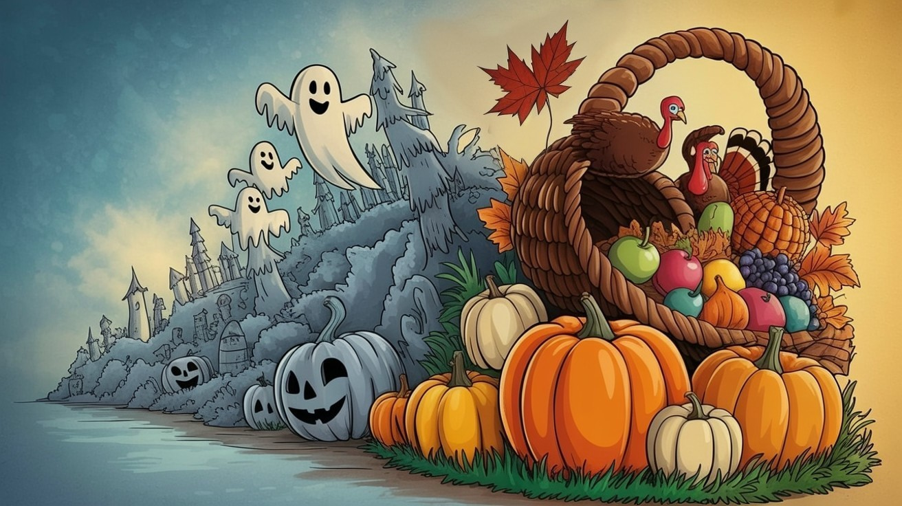 Halloween and Thanksgiving Themed Split Illustration
