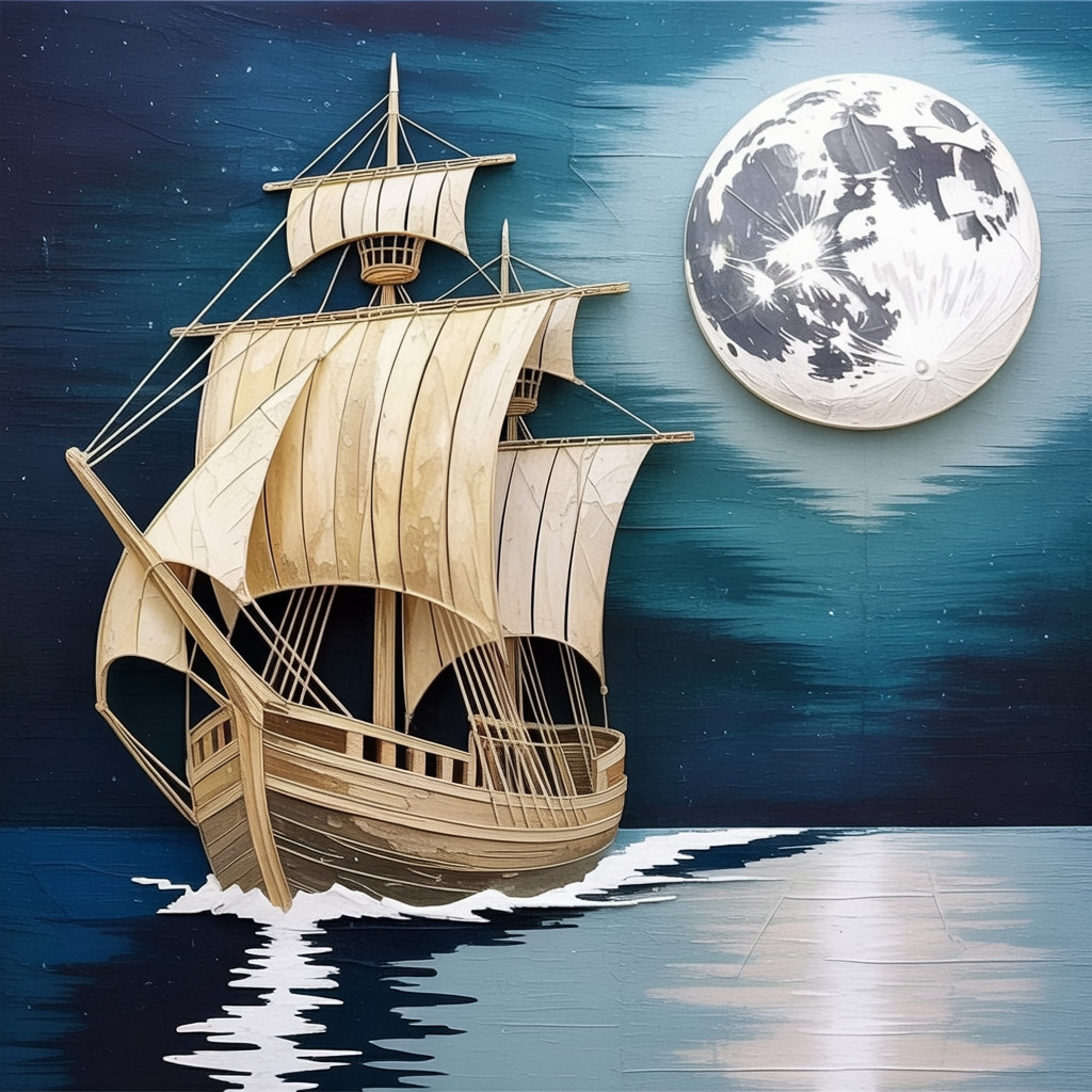 Wooden ship with sails on calm waters under moonlight