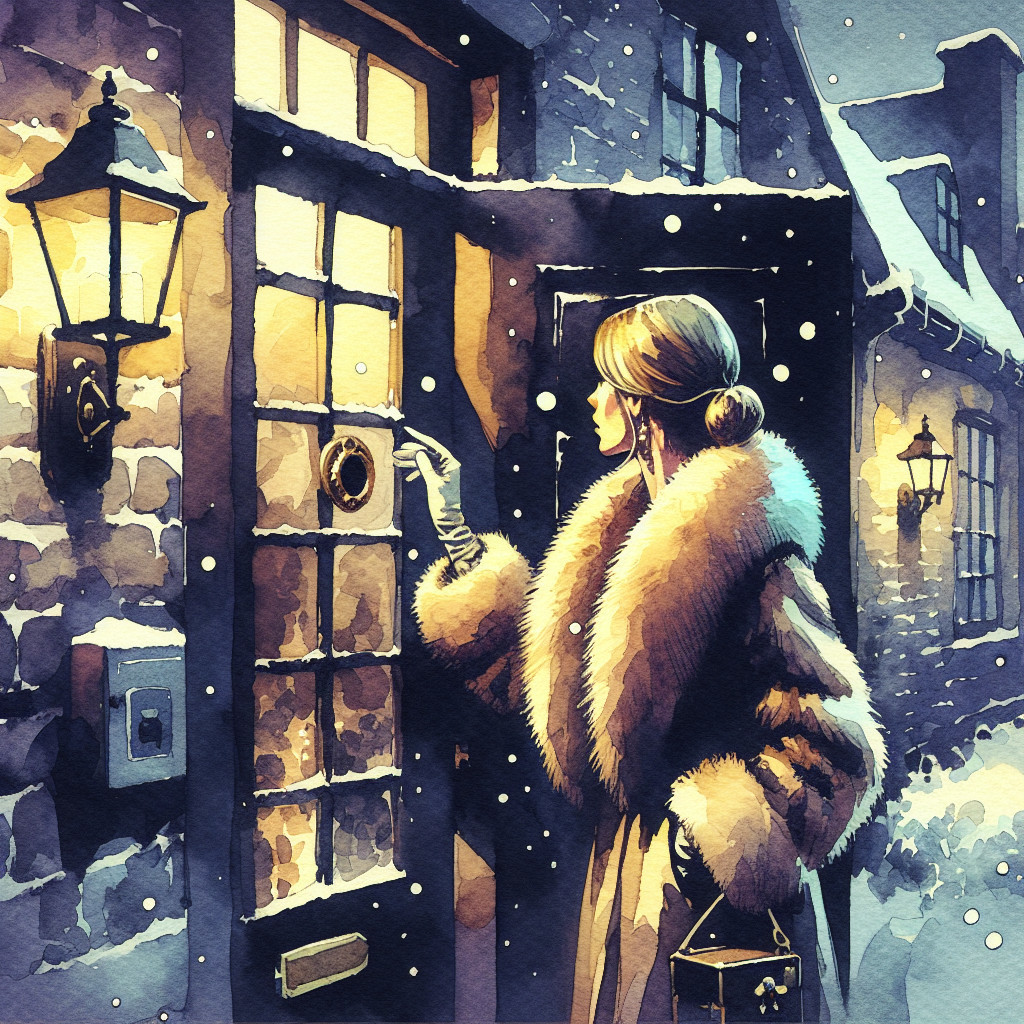 Elegant Woman at Snowy Cottage Door with Lantern