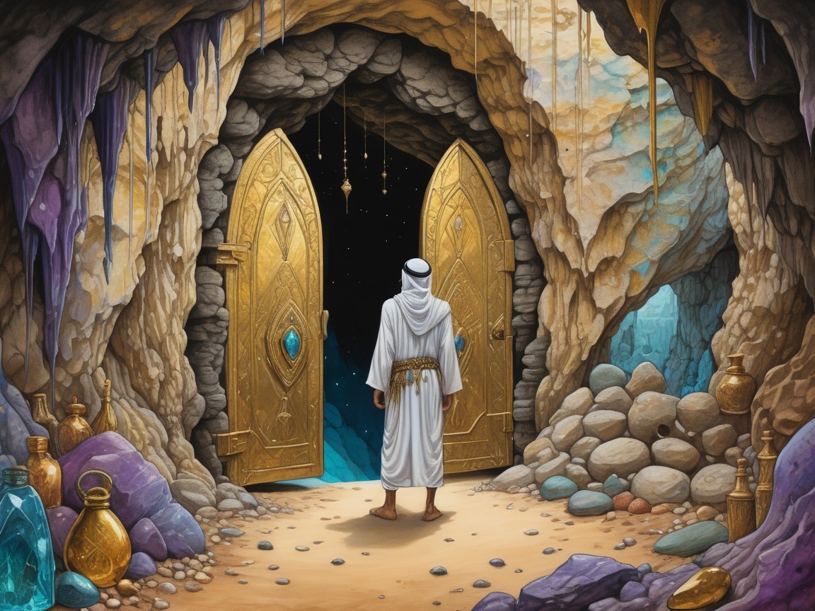 Hooded Figure Before Golden Doors in Rocky Cave