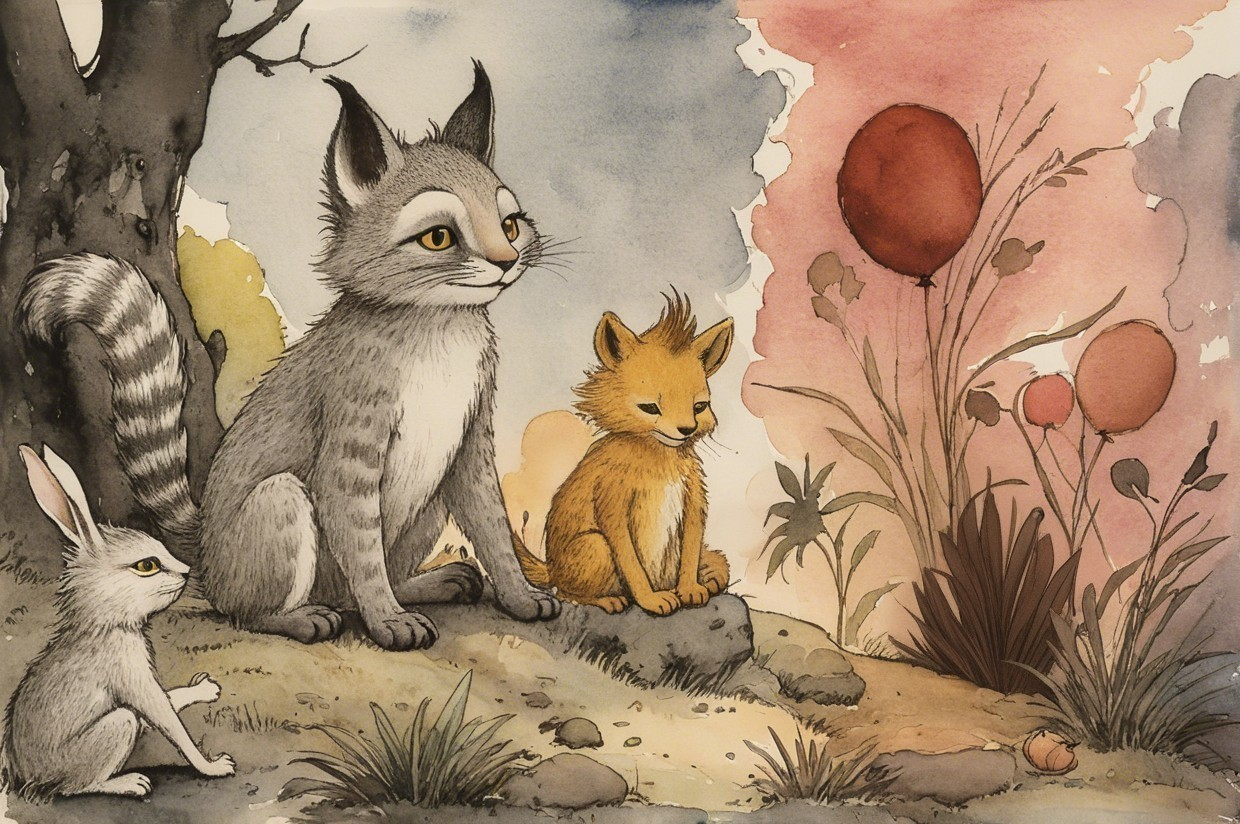 Whimsical Scene of Cat, Fox Cub, and Rabbit in Nature
