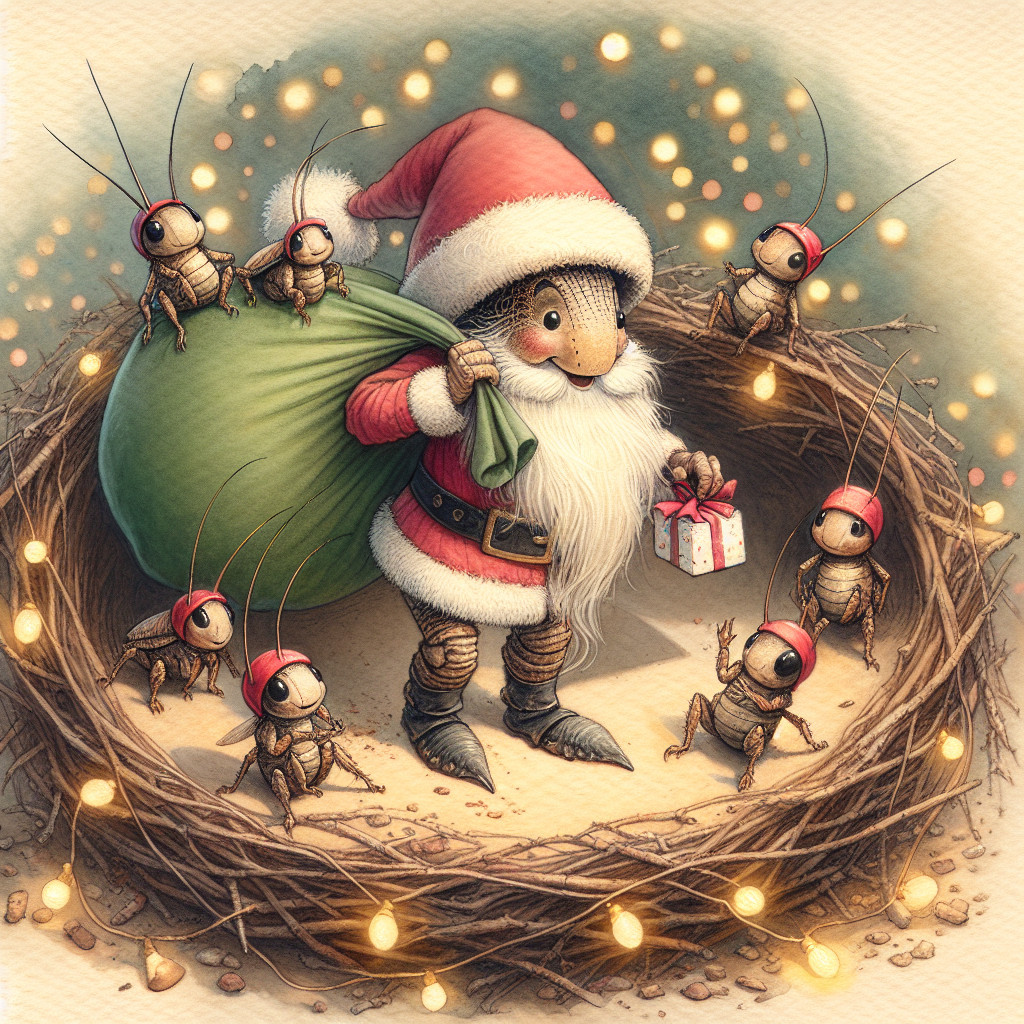 Whimsical Santa Figure Surrounded by Cheerful Crickets