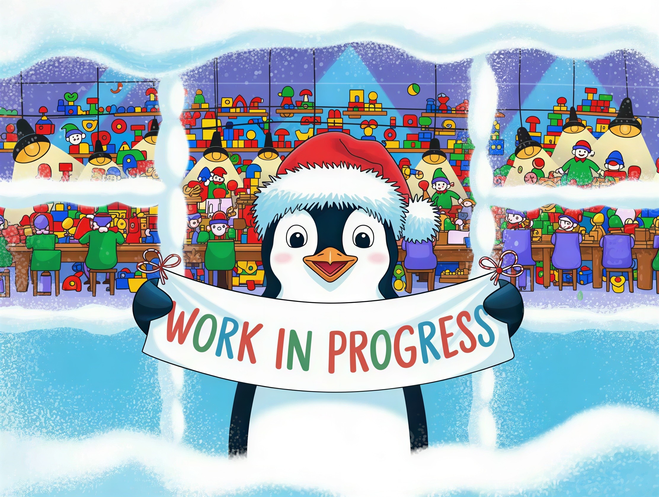 Cartoon Penguin in Santa Hat with Workshop Background