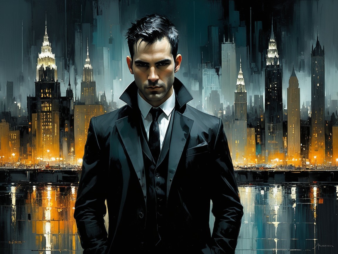 Sleek Figure in Black Suit Against City Skyline at Night
