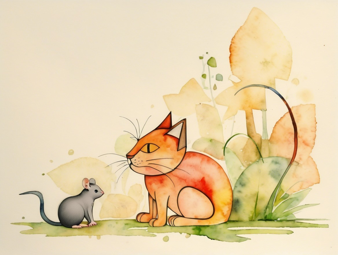Whimsical Watercolor of Cat and Mouse in Greenery