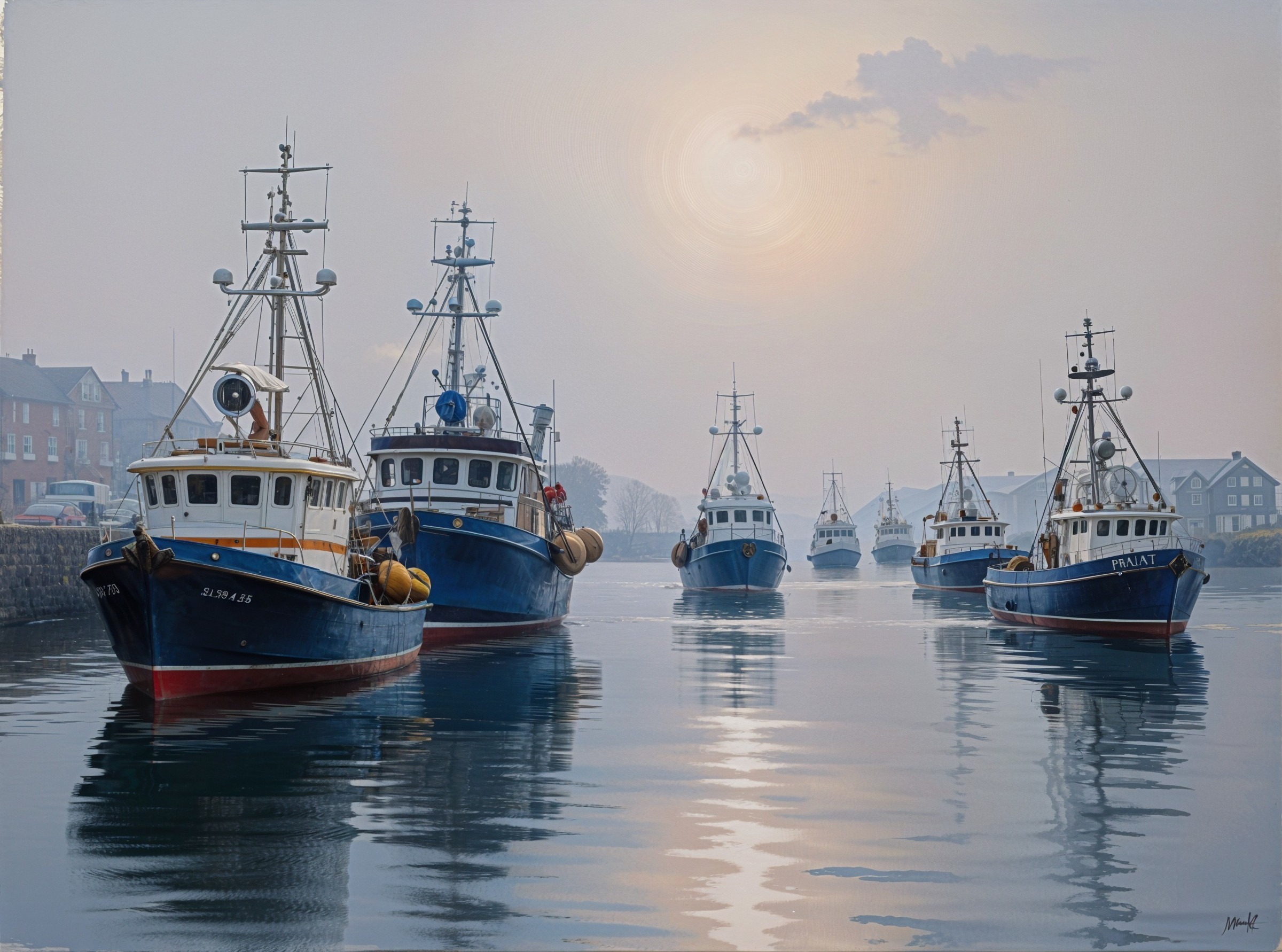 Serene Harbor Scene with Fishing Boats and Mist