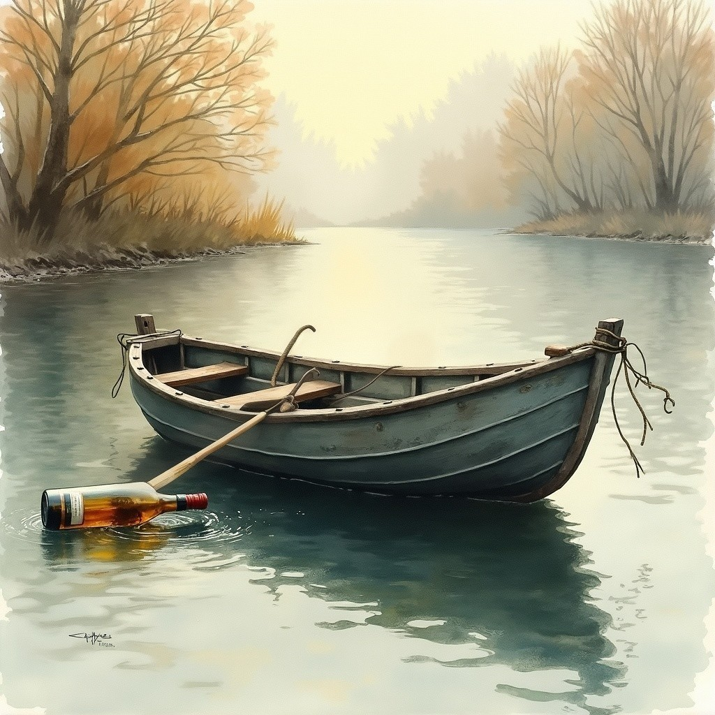 Serene River Scene with Boat and Autumn Trees