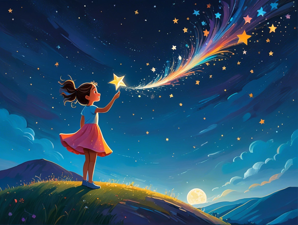 Young girl on grassy hill with starry night sky