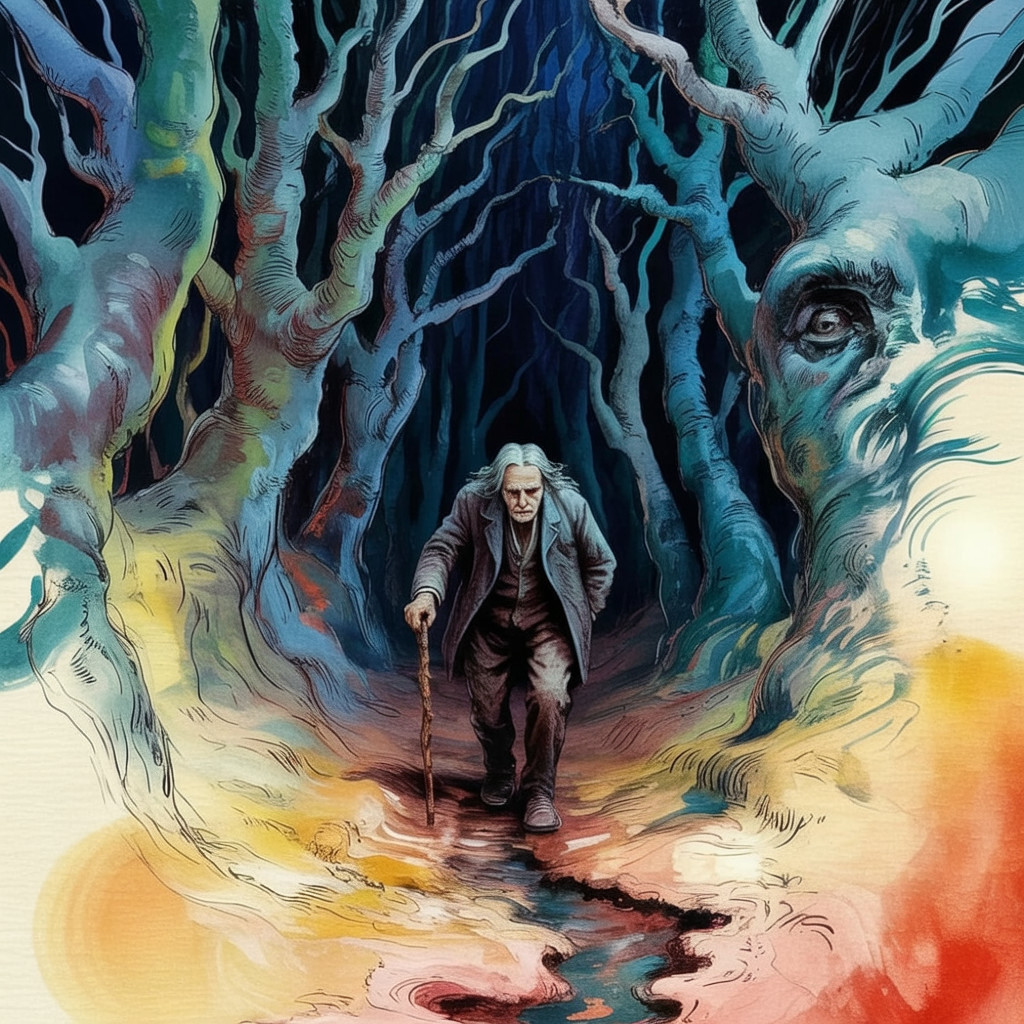 Elderly Figure in a Mystical Dark Forest Scene