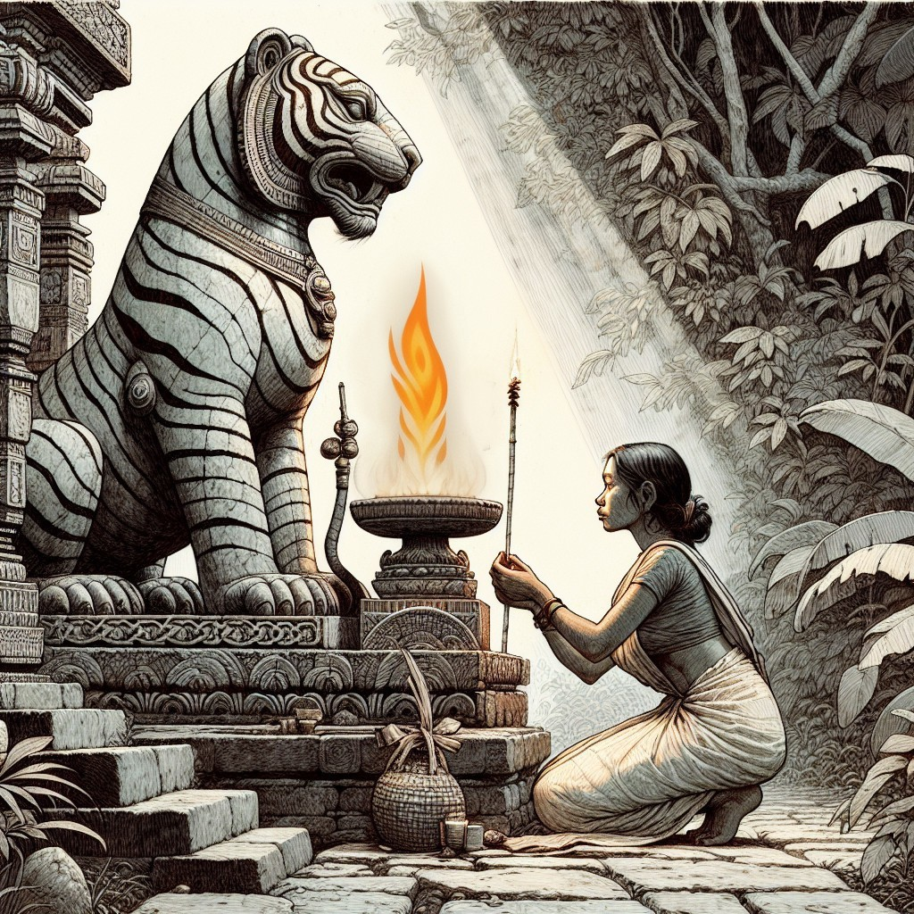 Woman Kneeling Before Stone Tiger Statue in Jungle