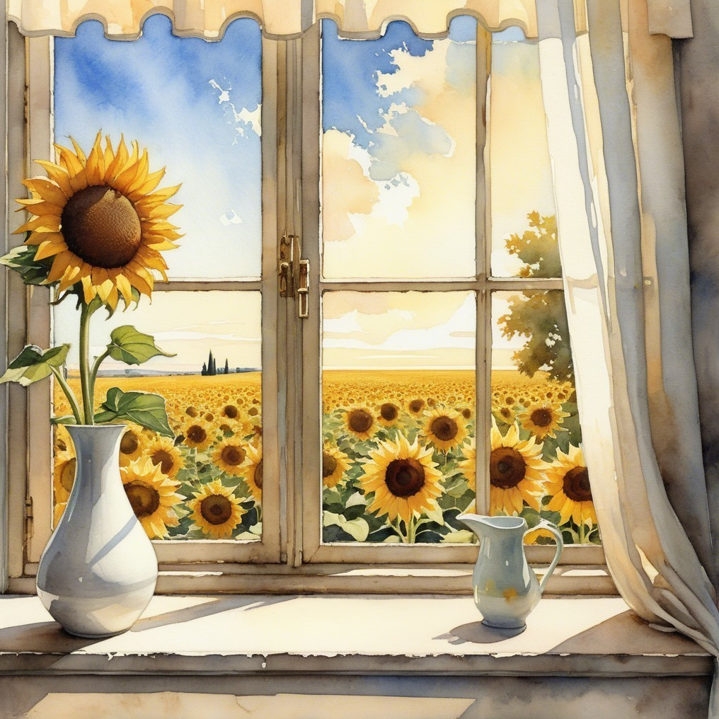 Sunflower Field View Through a Window with Soft Light