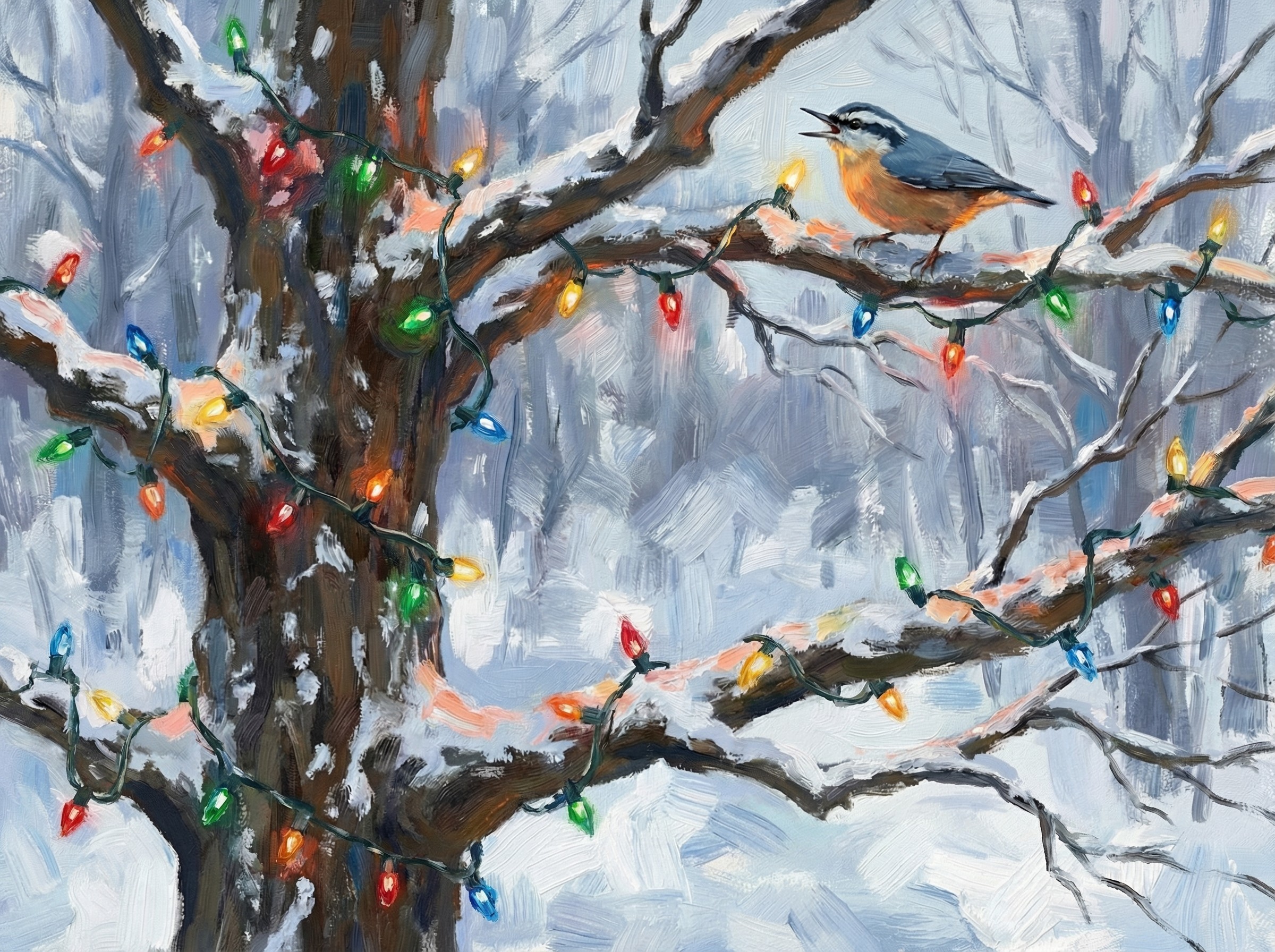 Nuthatch on Snowy Branch with Christmas Lights Painting