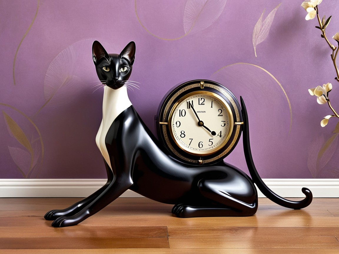 Black Cat Sculpture with Vintage Clock Design