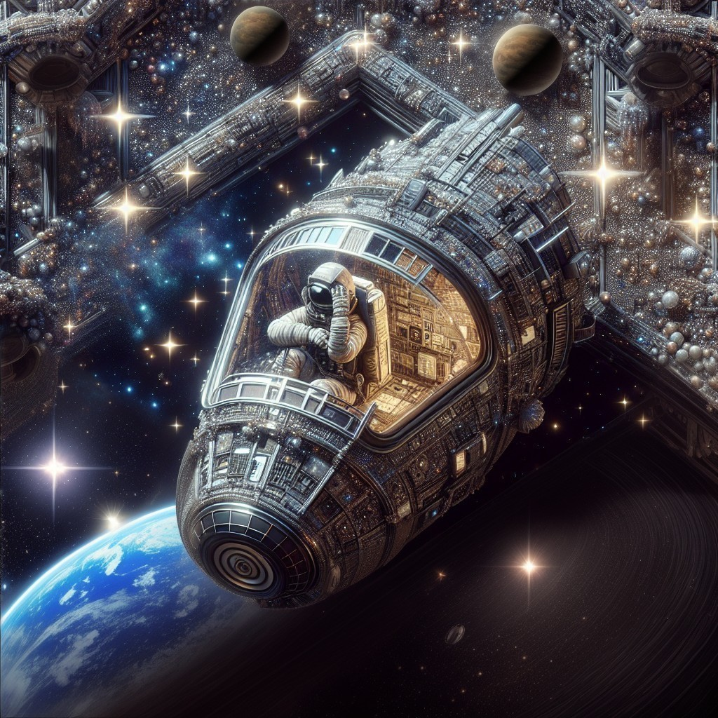 Futuristic spacecraft in starry cosmos with astronaut