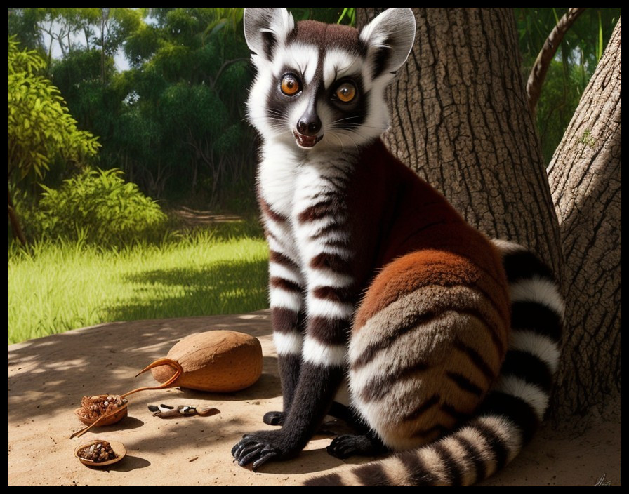 Ring-Tailed Lemur with Bitten Fruit in Forest Setting