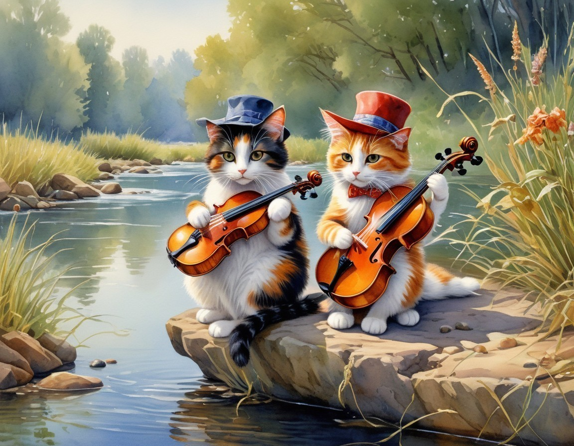 Charming Cats Playing Violins by a Serene River