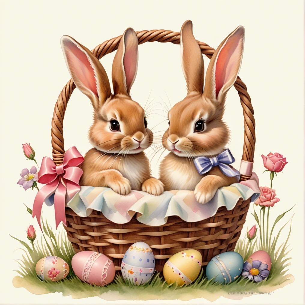 Bunnies in a Basket with Easter Eggs and Flowers