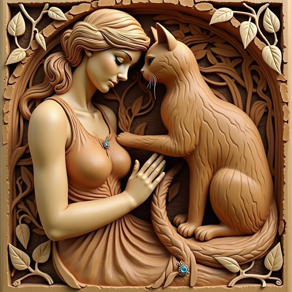 Sculptural Relief of Woman and Cat with Natural Theme