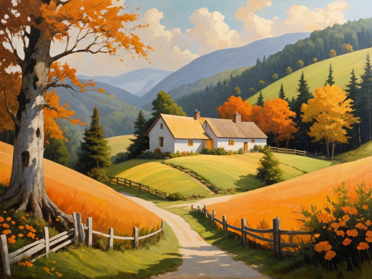 White Cottage Surrounded by Autumn Foliage and Hills