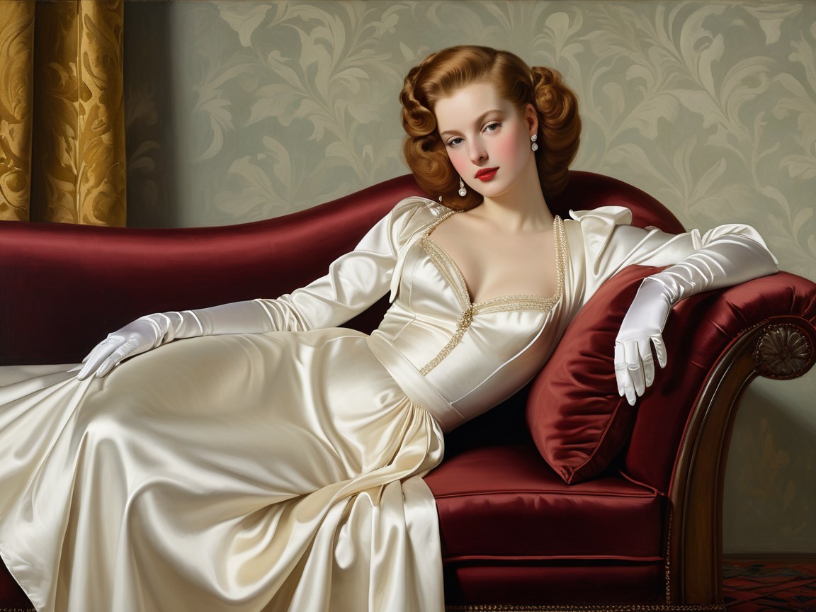 Elegant Woman in White Gown on Red Velvet Sofa