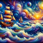 Sailing Ships Amidst Cosmic Sky and Turbulent Waves