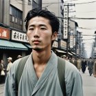 Young man in traditional attire on a busy street