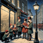 Winter Scene with Boys Caroling in Victorian Attire