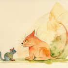 Whimsical Watercolor of Cat and Mouse in Greenery