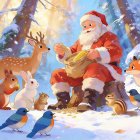 Santa Claus in Winter Forest with Animals and Corn
