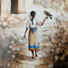 Young Woman in Traditional Attire with Falcon on Path