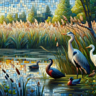 Tranquil Wetland Scene with Herons and Ducks