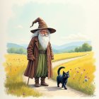 Wizard in Black Hat Walking with Cat in Serene Landscape